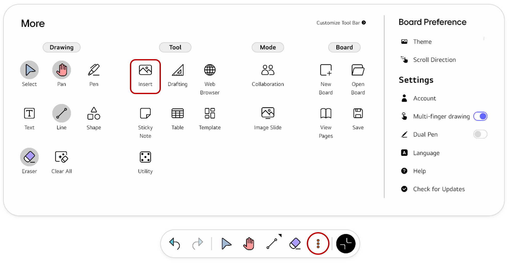 Opening the full Tool bar menu using the More button and selecting Insert from the Tool section