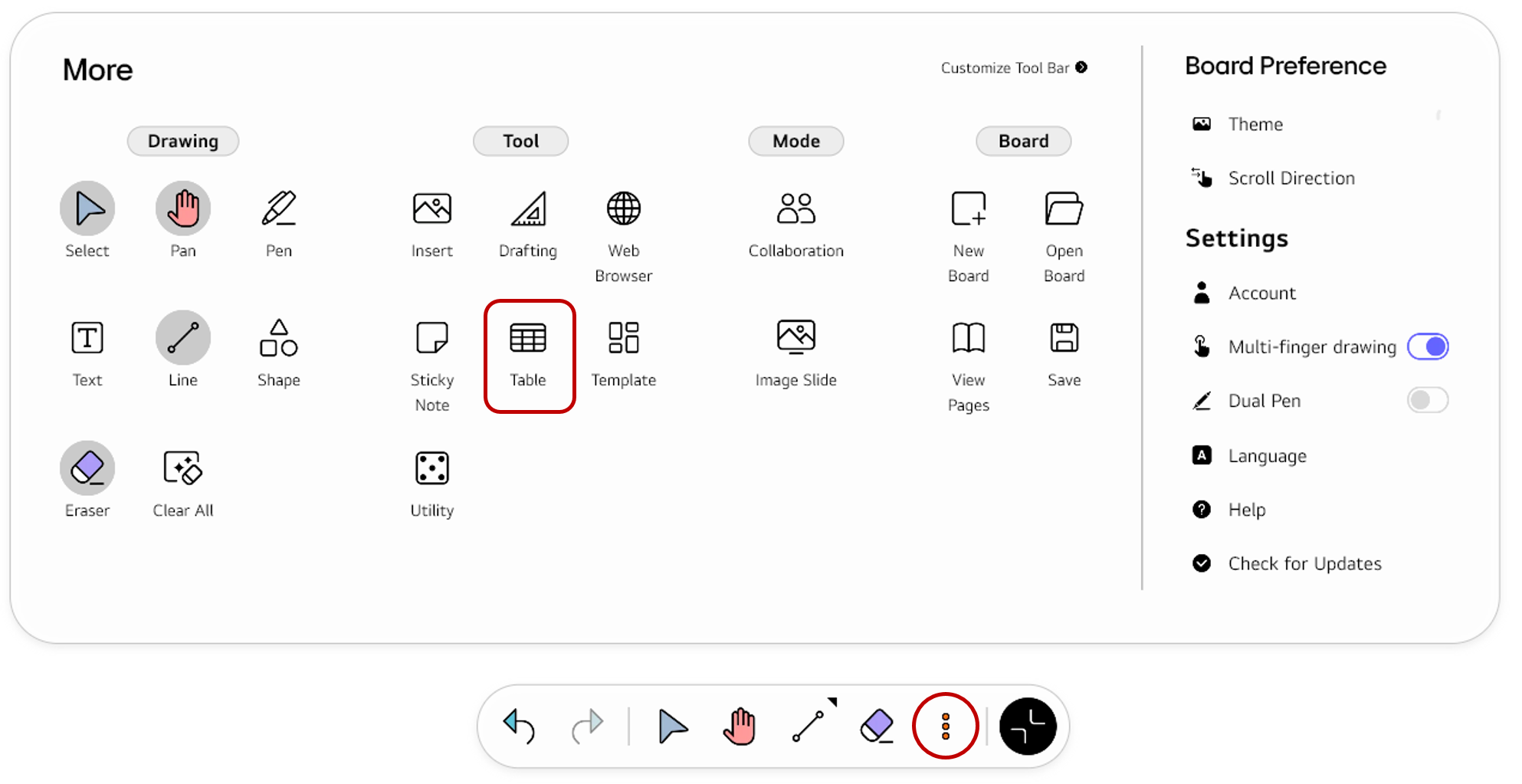 Opening the full Tool bar menu using the More button and selecting Table from the Tool section
