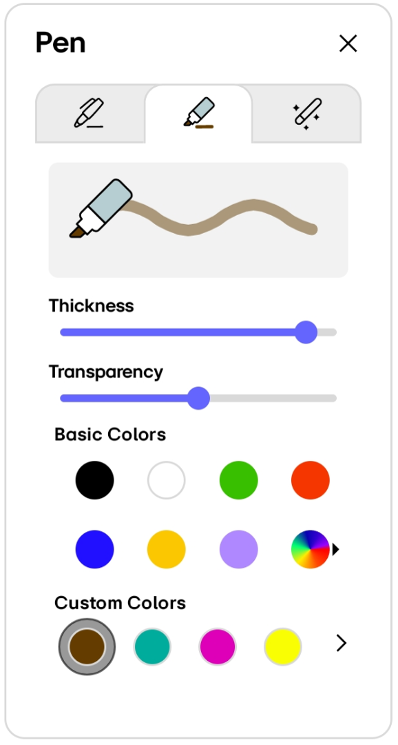 To use the highlighter, select the second tab in the Pen settings and choose its thickness and color.