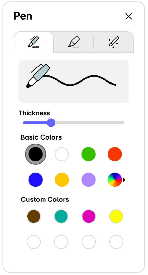 To use the regular pen, select the first tab in the Pen settings and choose its thickness and color.