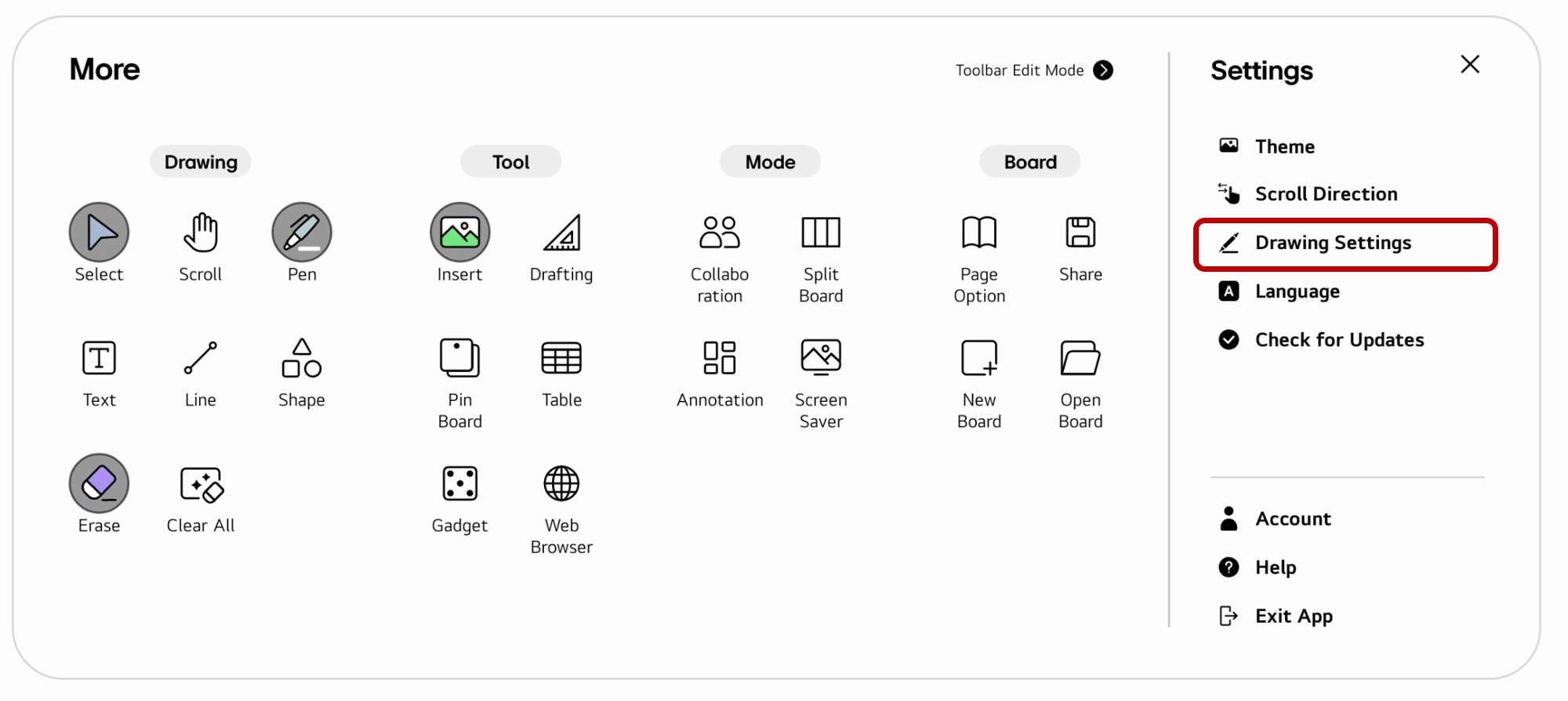Drawing settings menu