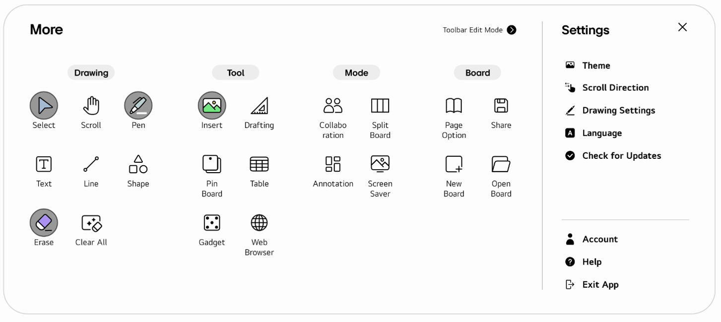 Full menu of tool bar