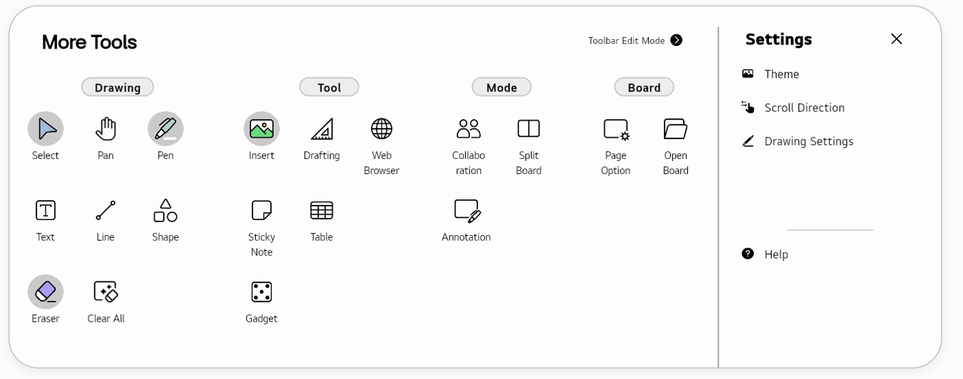 Full menu of tool bar