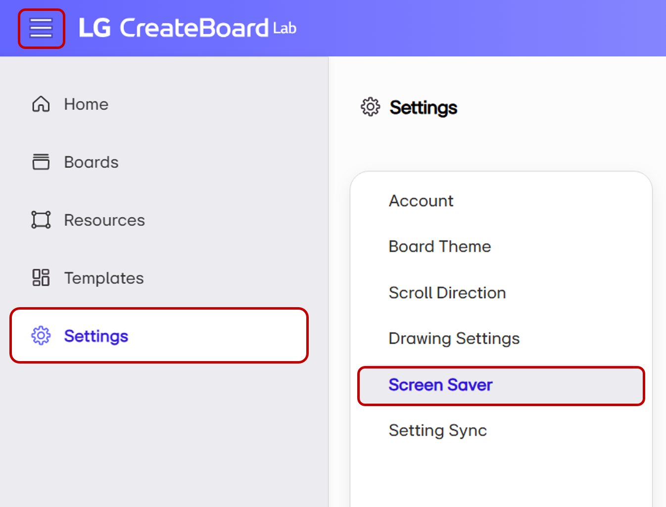 Settings menu for Screen Saver