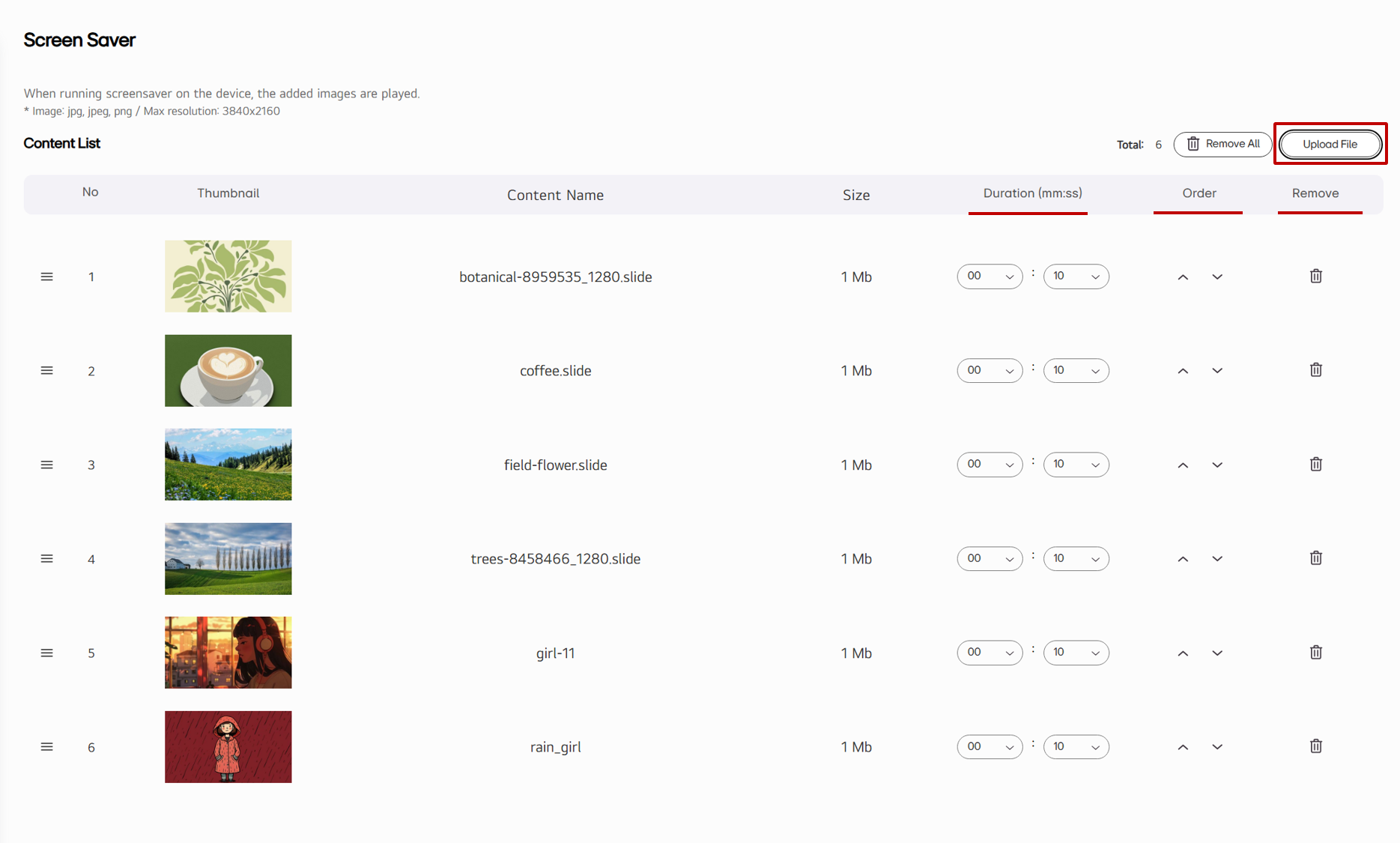 Settings menu for Screen Saver