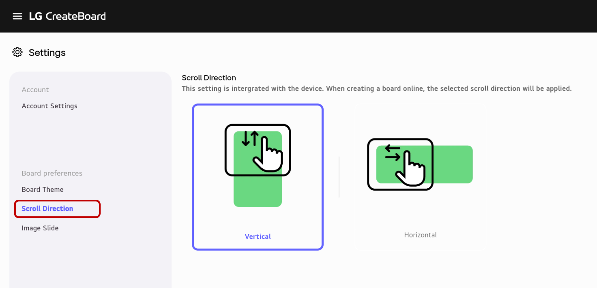 Selecting Vertical in the Scroll Direction settings
