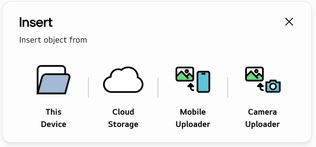 Sub-modes of Insert: Image, Video, Audio, Object, Mobile Uploader