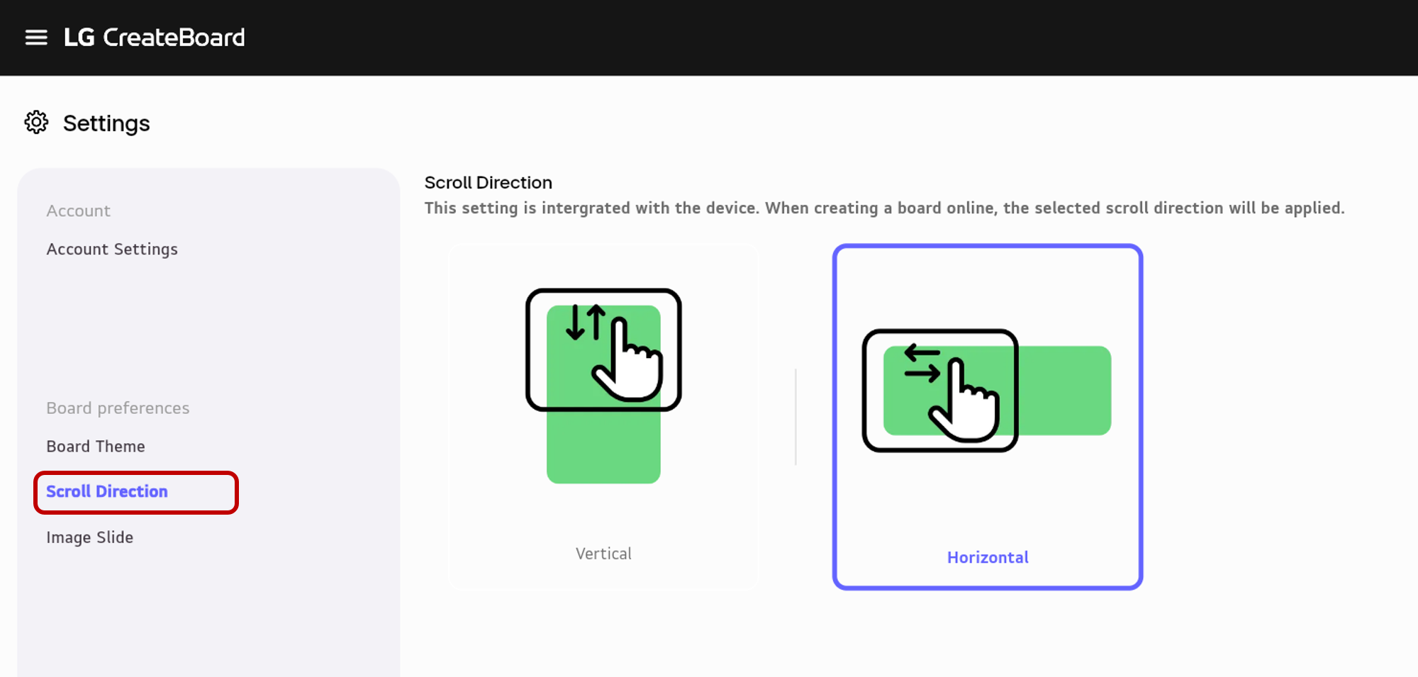 Selecting Horizontal in the Scroll Direction settings